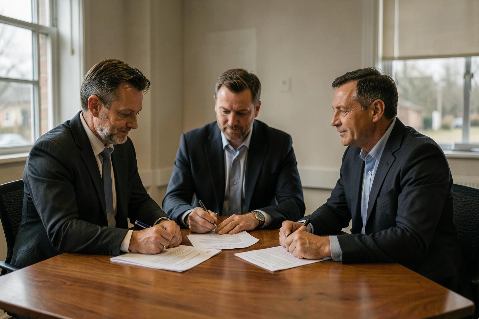 Two accounting practice owners in a confidential discussion in a UK office
